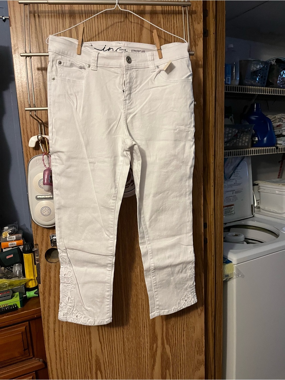 INC International Concepts White Cropped Embroidered Hem Jeans
